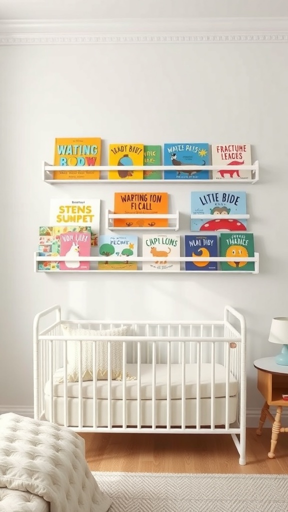 Colorful children's books displayed on wall-mounted book holders above a crib in a nursery.
