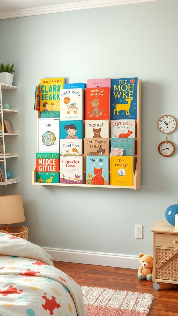 Colorful wall-mounted book rack displaying children's books in a cozy room