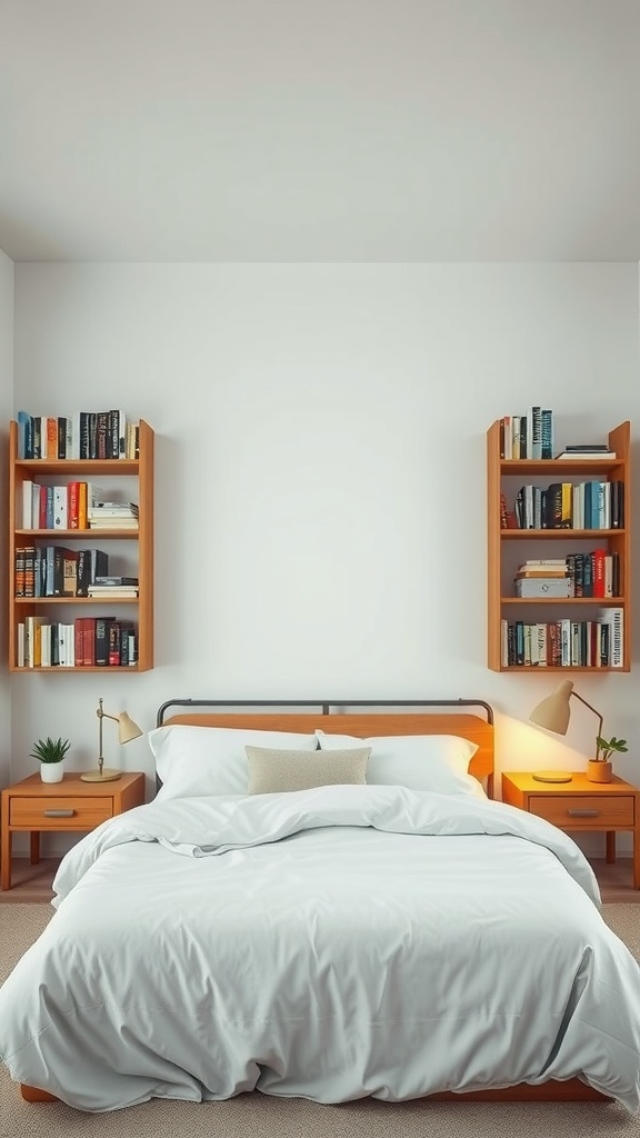 A cozy bedroom featuring wall-mounted bookcases on either side of the bed, with a white comforter and bedside tables.