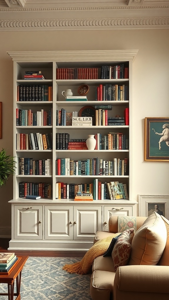 A stylish wall-mounted bookcase filled with classic books, complemented by a cozy sofa and decorative accents.