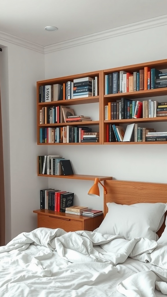 A cozy bedroom featuring wall-mounted bookshelves filled with books, a bedside lamp, and a neatly made bed.