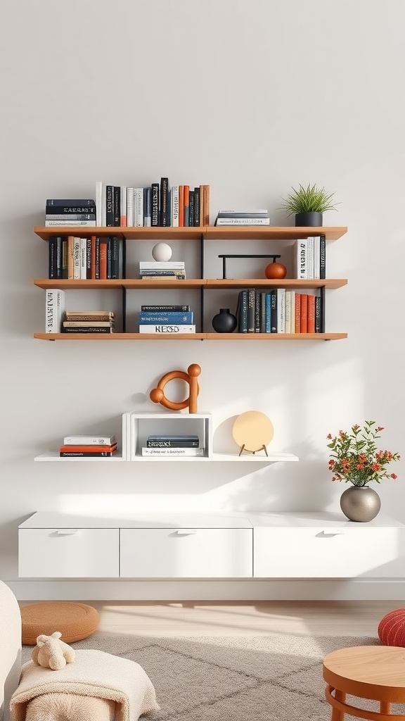 A modern living room with wall-mounted bookshelves filled with books and decorative items.
