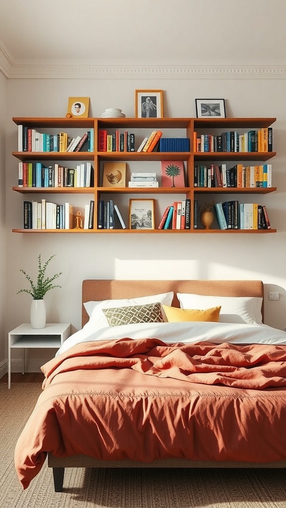 Cozy bedroom with wall-mounted bookshelves filled with colorful books and personal decor