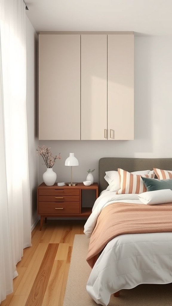 A cozy bedroom featuring wall-mounted cabinets above the bed, a bedside table, and warm wooden flooring.