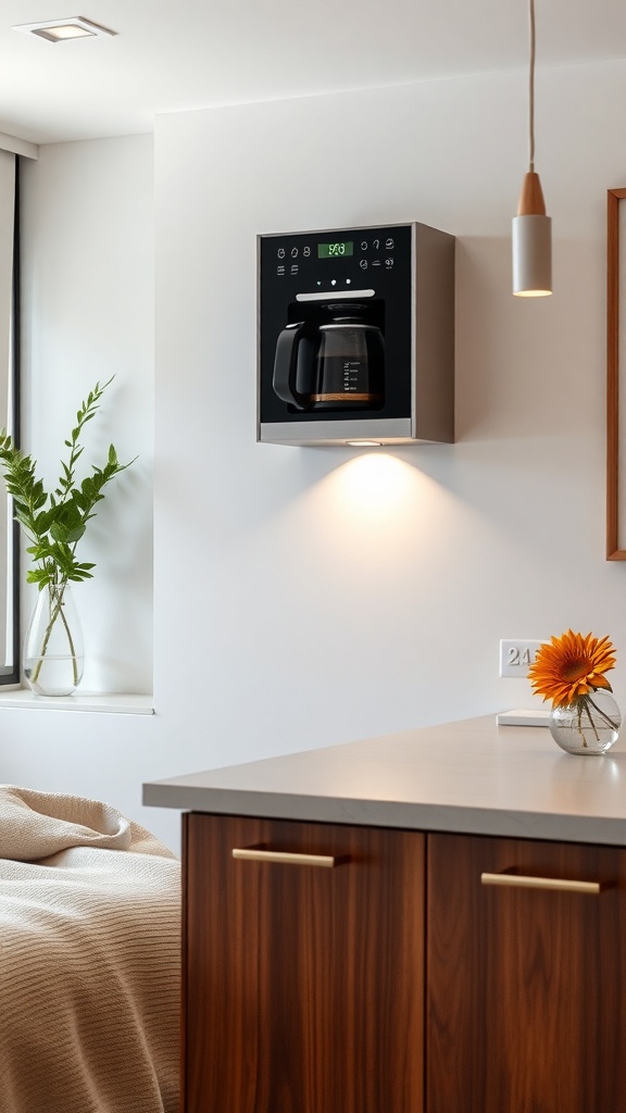 A modern wall-mounted coffee maker in a stylish kitchen setting.
