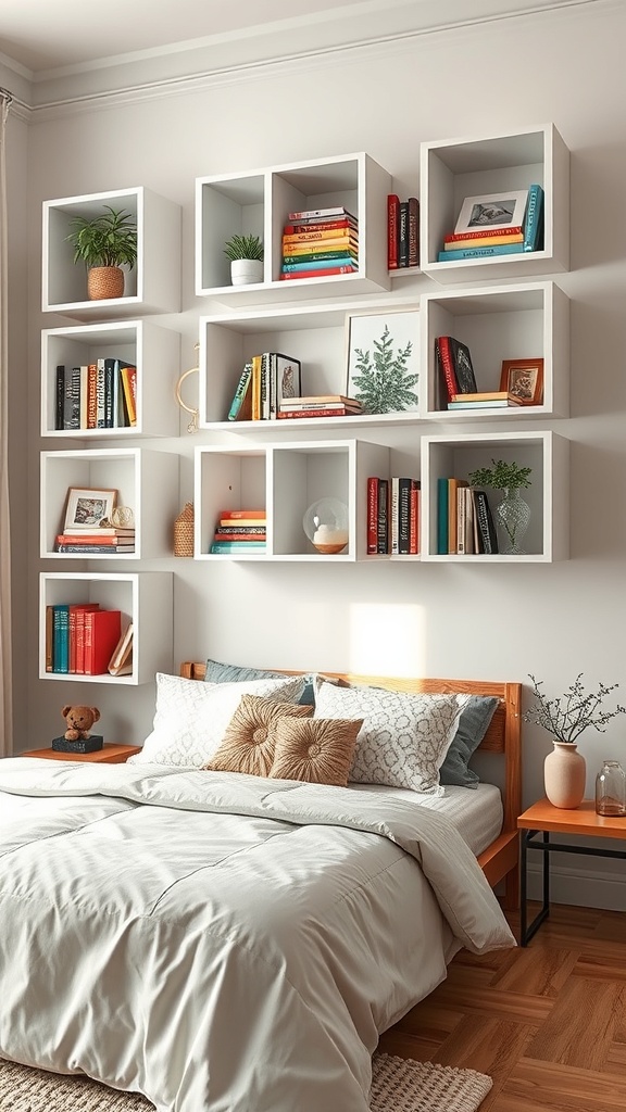 A modern bedroom featuring wall-mounted cube shelves filled with books and decorative items above a bed.