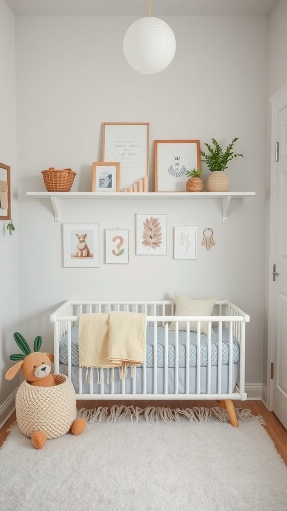A cozy nursery featuring wall-mounted decor, a white crib, and various plants and art on a shelf.