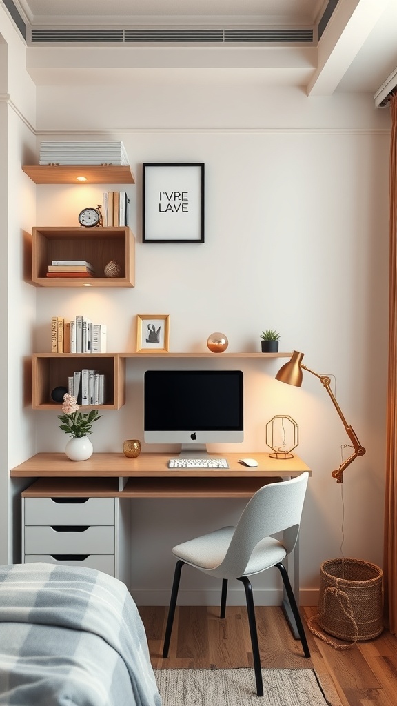 A modern wall-mounted desk with shelves, featuring a computer, decorative items, and a lamp.