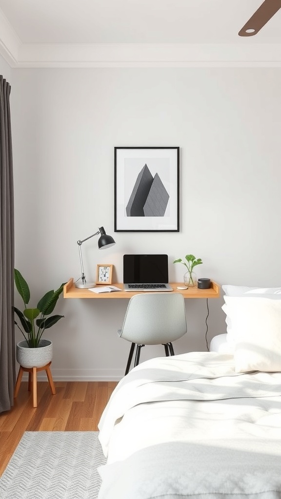 A minimalist wall-mounted desk in a bedroom with a laptop, lamp, and plant.