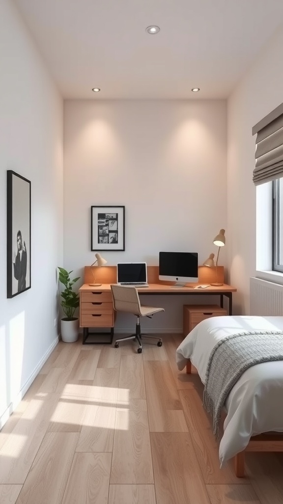 A long narrow bedroom featuring a wall-mounted desk with two monitors, a comfortable chair, and a small plant, showcasing an efficient use of space.