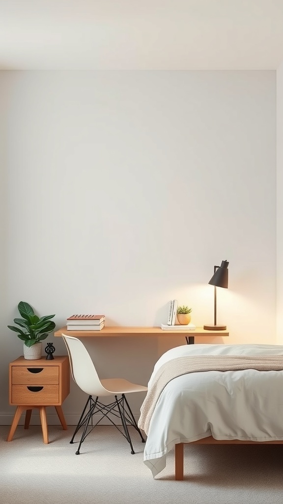 A small bedroom featuring a wall-mounted desk with a chair, a bedside table, and a plant.