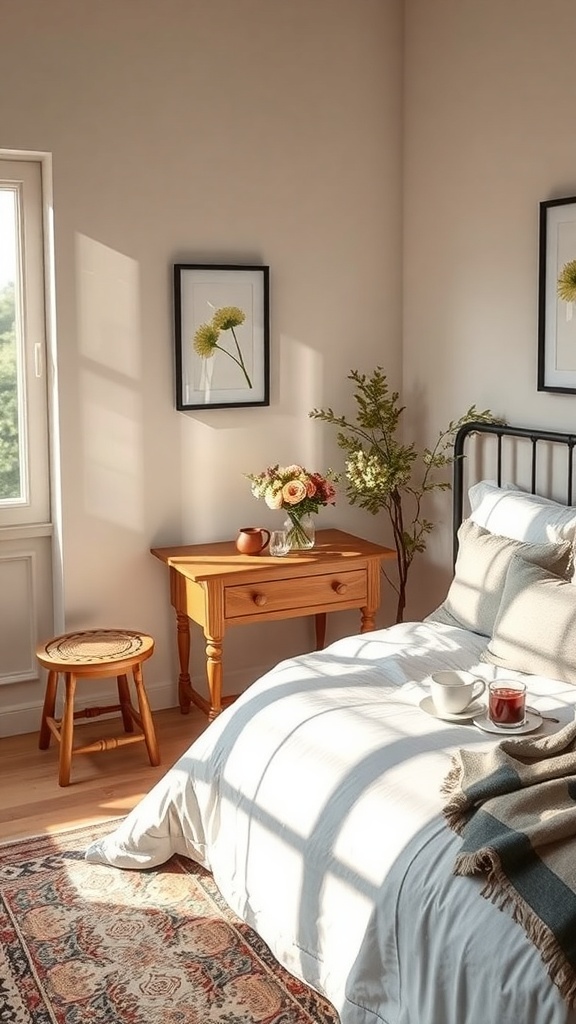 A cozy bedroom with natural light, featuring a bed, a small table, and decorative elements.