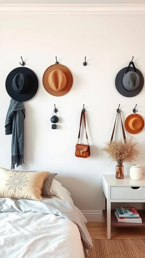 A cozy bedroom featuring wall-mounted hooks displaying various hats, a scarf, and a handbag, with a bedside table and decorative elements.