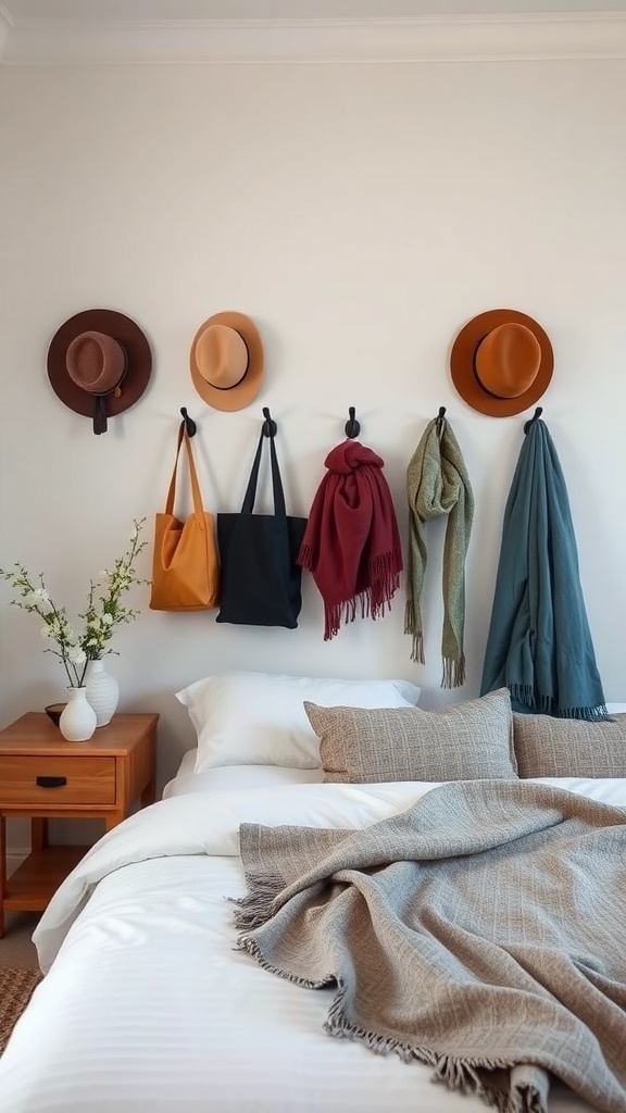 Wall-mounted hooks displaying hats, bags, and scarves in a cozy bedroom setting.
