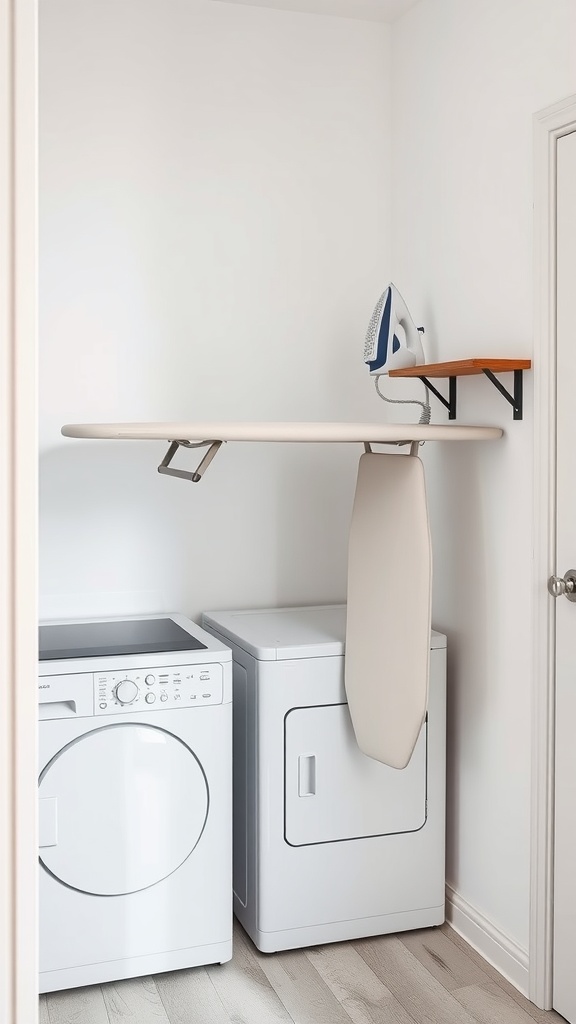 A wall-mounted ironing board in a small laundry room space.