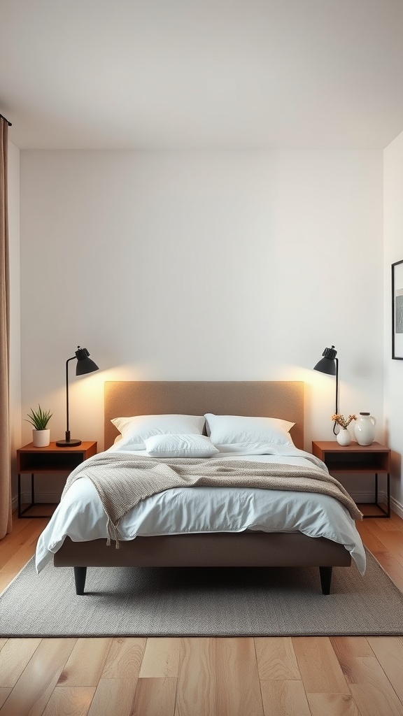 Small bedroom featuring a king bed with wall-mounted lighting fixtures