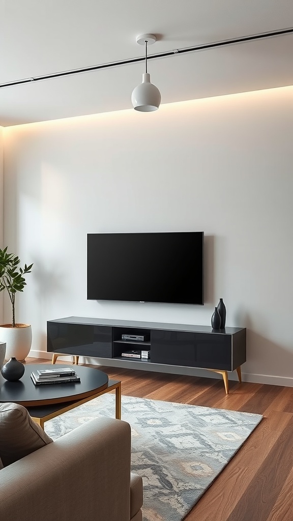 A modern living room featuring a wall-mounted media console with a black finish and a flat-screen TV.