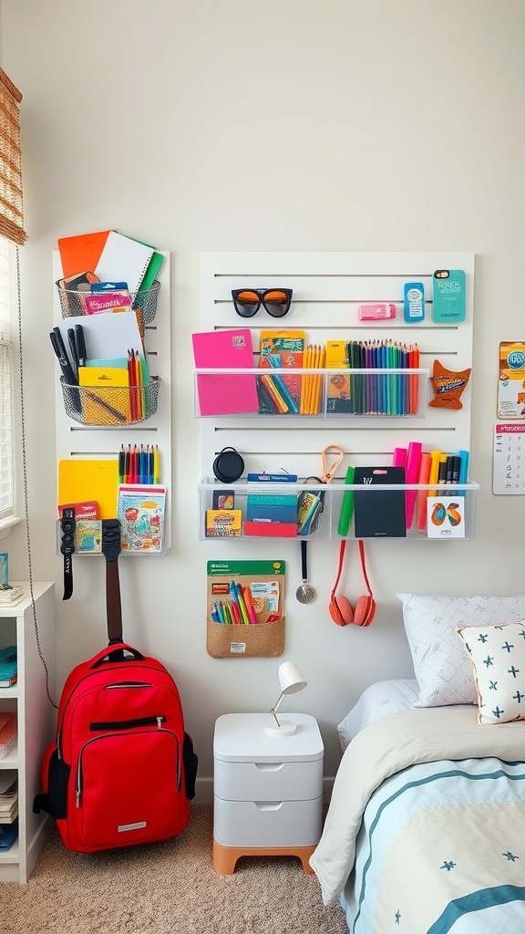 A bright and organized teenage boy's bedroom with wall-mounted organizers filled with school supplies and personal items.
