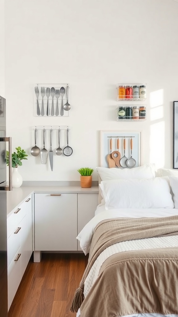 A cozy kitchen area featuring wall-mounted organizers with utensils and jars, enhancing storage in a small space.