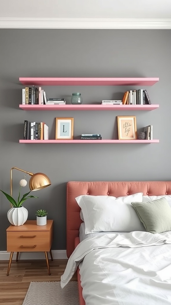 A cozy bedroom featuring wall-mounted pink shelves against a grey wall, displaying books and decorative items.