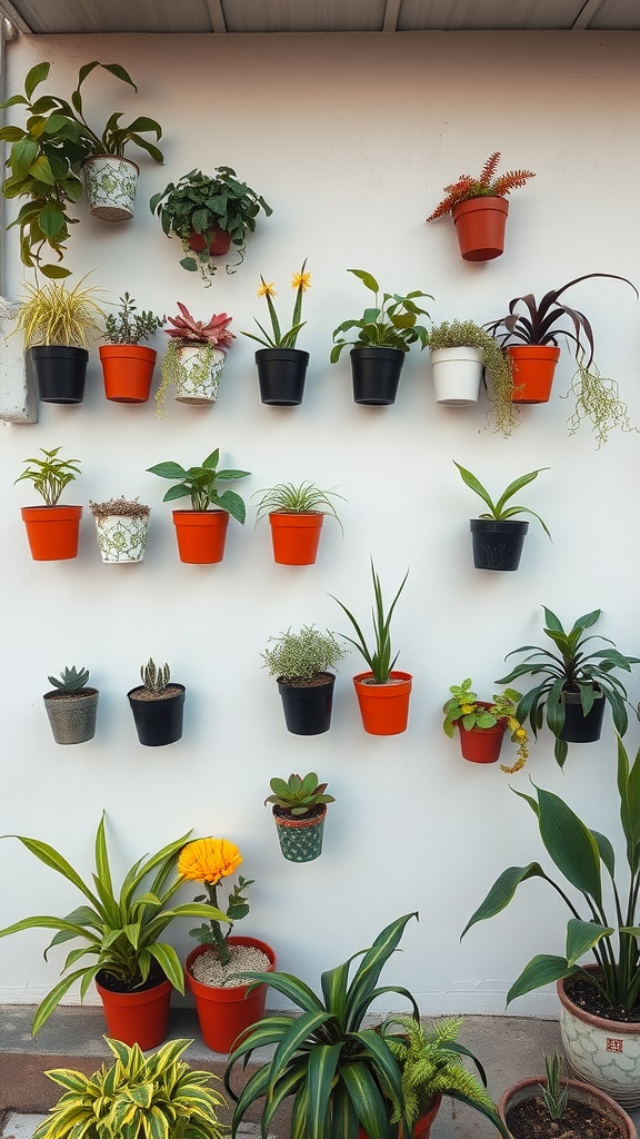 A vibrant wall-mounted plant display featuring various plants in colorful pots.