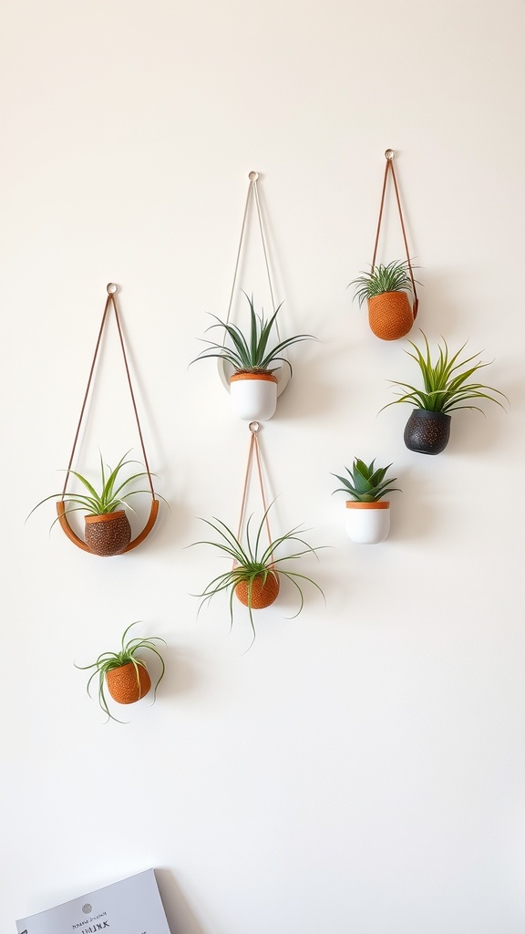 A collage of wall-mounted pots displaying various air plants.
