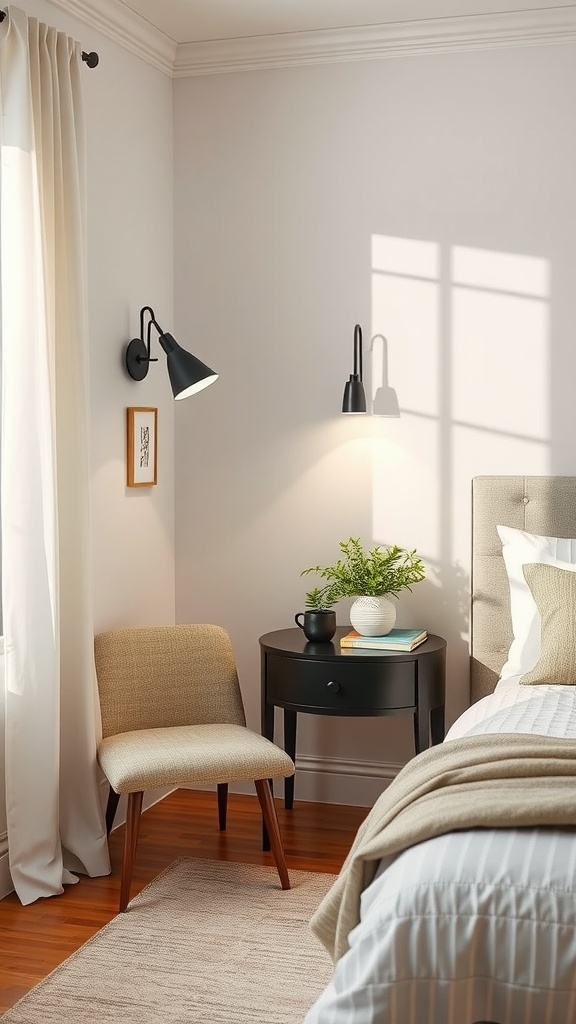 A cozy bedroom corner featuring wall-mounted reading lights, a small chair, and a side table with a plant and a cup.