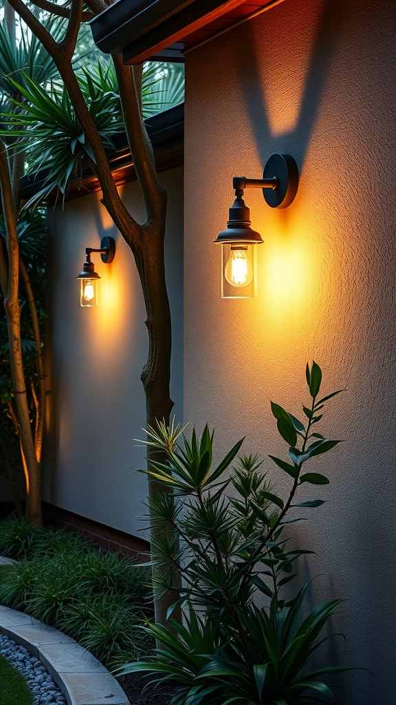 Two wall-mounted sconces illuminating a garden wall with plants in the foreground