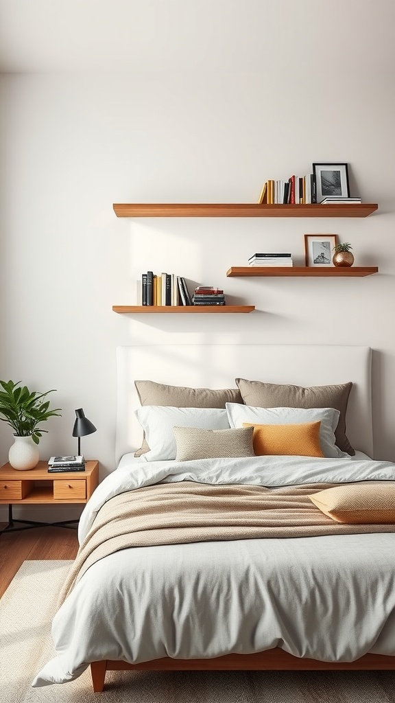 A cozy bedroom featuring wall-mounted wooden shelves with books and decorative items.