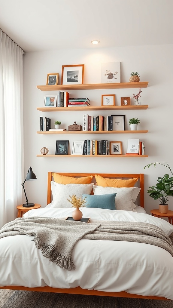 A cozy bedroom featuring wall-mounted shelves above the bed, displaying books and decorative items.