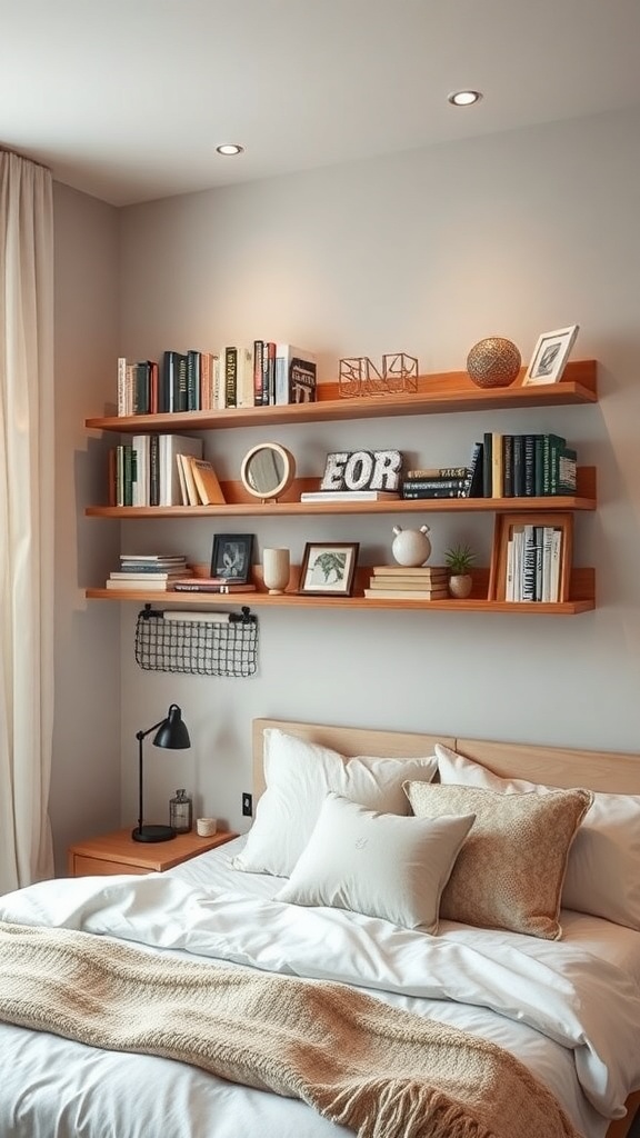 A cozy bedroom with wall-mounted wooden shelves displaying books and decorative items.