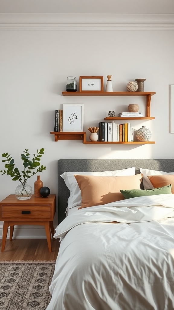 A cozy bedroom with wall-mounted shelves displaying books and decor.