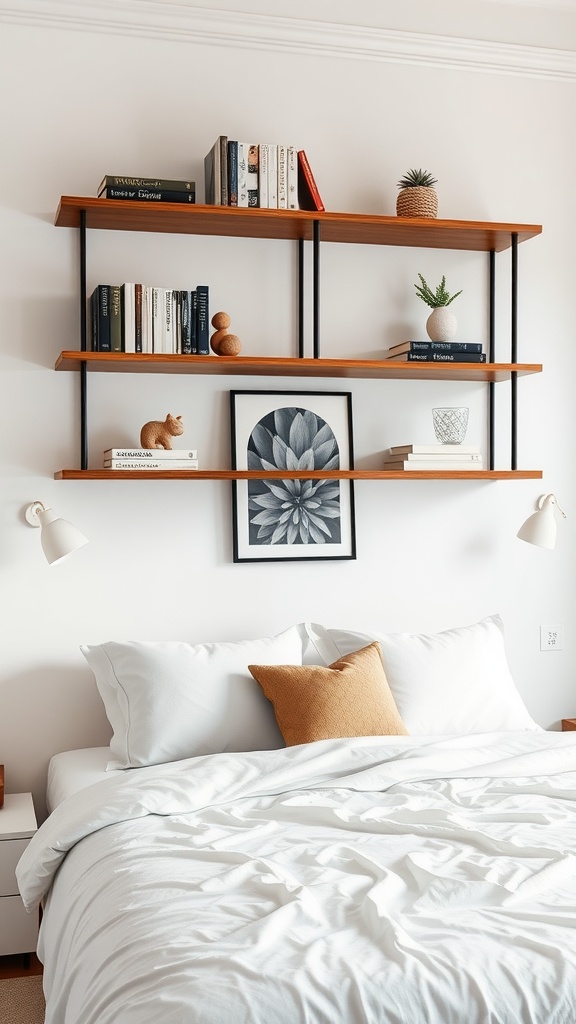 Wall-mounted shelves above a bed displaying books and decor items.