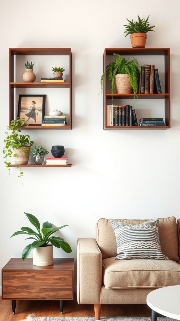 Wall-mounted wooden shelves with plants, books, and decor items in a cozy living room