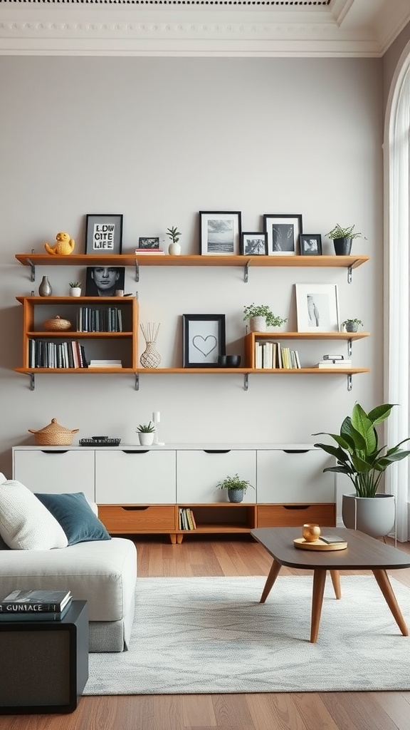 Stylish living room with wall-mounted shelving displaying books, plants, and decorative items.
