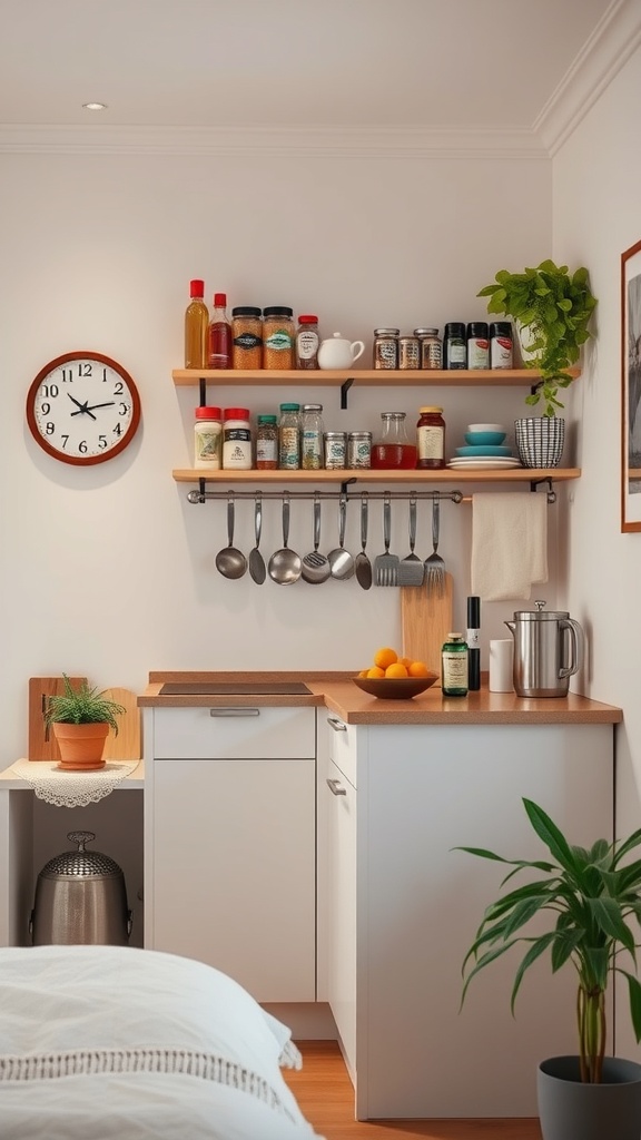 A compact kitchen with wall-mounted shelves displaying jars, spices, and utensils, featuring a small plant and a clock.