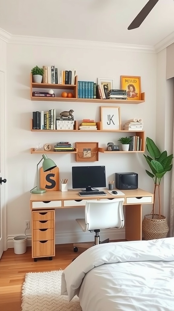 A cozy bedroom office setup featuring wall-mounted shelves with books and decorative items, a desk with a computer, and a plant.