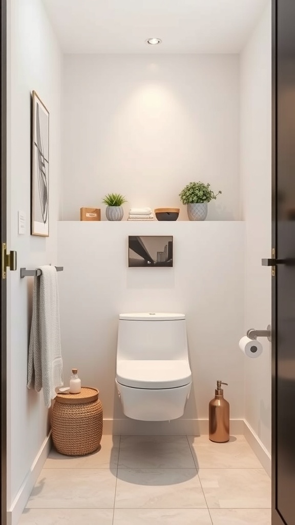 A modern small bathroom featuring a wall-mounted toilet, decorative plants, and minimalistic decor.
