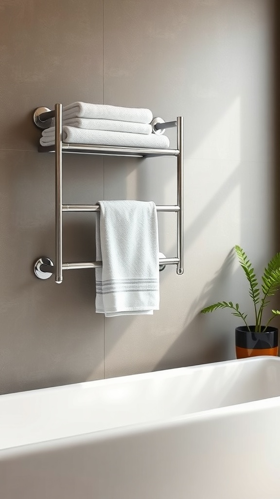 A modern wall-mounted towel bar holding neatly rolled towels with a plant in the background.