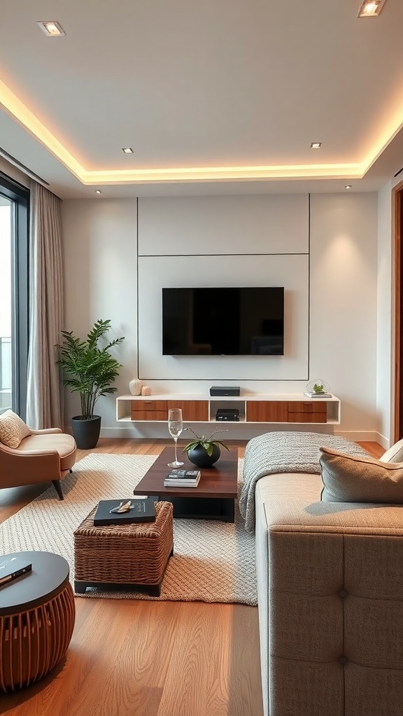 Stylish living room featuring a wall-mounted TV, modern furniture, and warm lighting.