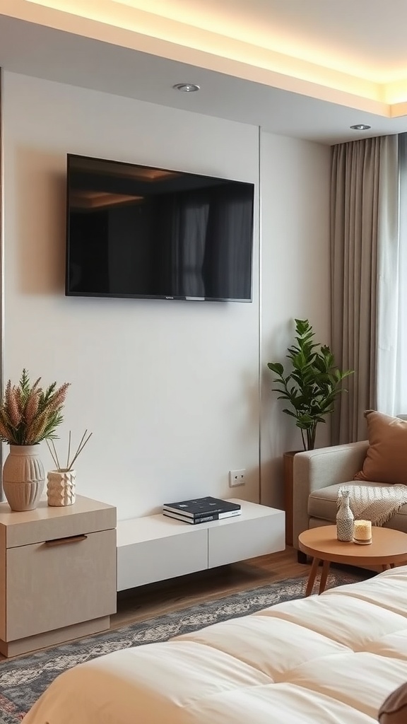 A modern living room with a wall-mounted TV, a stylish cabinet, and decorative plants.