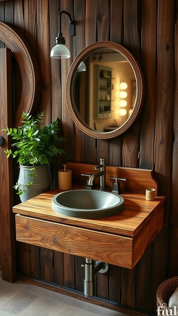 A rustic wall-mounted wooden sink with a round basin, surrounded by wooden paneling and plants.