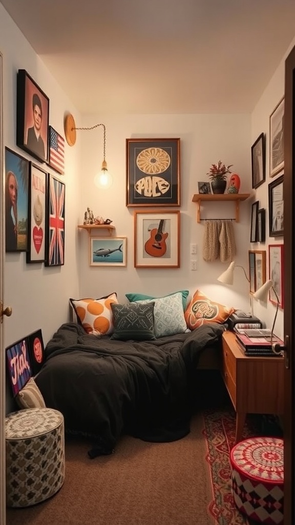 A cozy box room bedroom featuring wall art, a bed, and decorative shelves.
