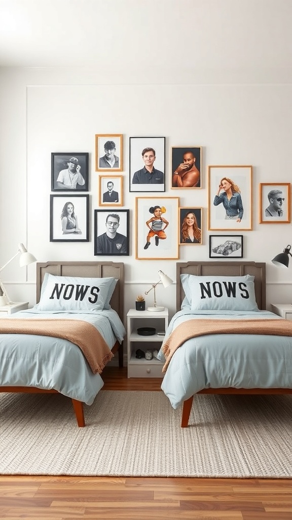 Twin beds in a shared bedroom with wall art featuring framed portraits.