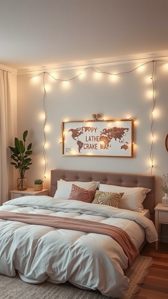 A cozy bedroom featuring a wall art display with fairy lights around a world map, complemented by a stylish bed and indoor plants.