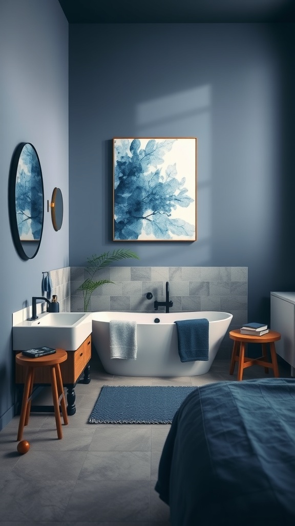 A dark blue bathroom featuring a large piece of wall art in blue tones, a freestanding bathtub, and stylish decor.