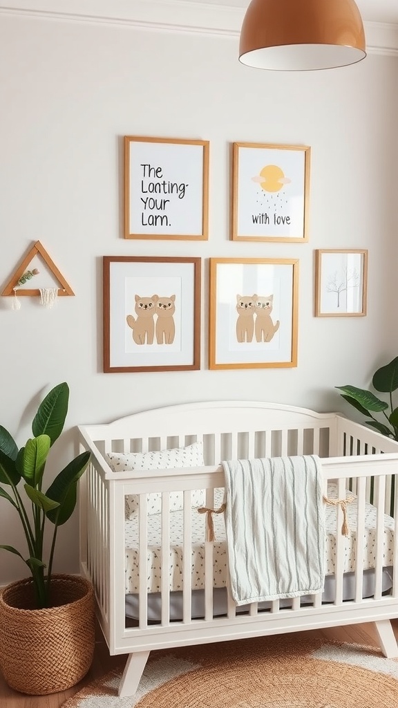 Twin nursery with wall art featuring cat illustrations and playful phrases