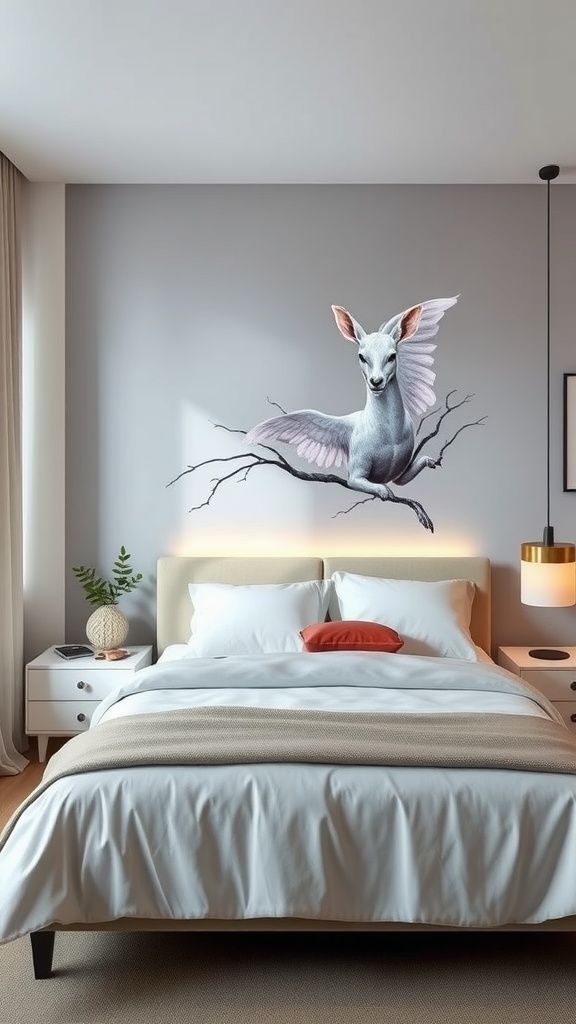 A whimsical wall art featuring a creature with wings, integrated lighting beneath it, set in a cozy bedroom.