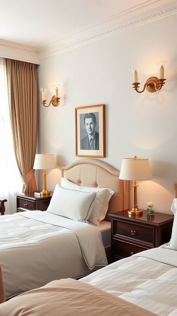 Elegant bedroom with wall sconces and stylish decor