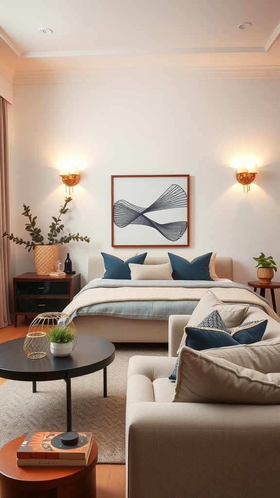 A cozy living room featuring wall sconces, modern decor, and a warm atmosphere.